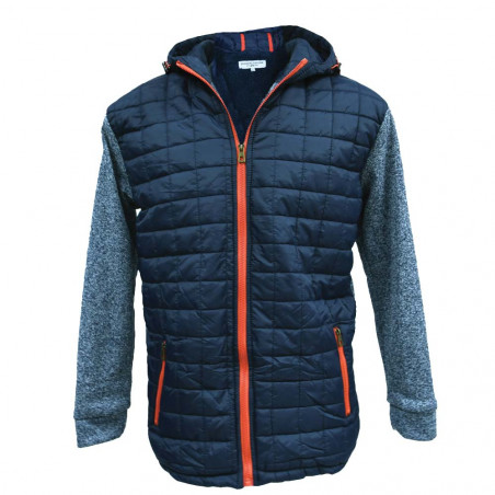 Men's navy blue warm quilted hooded jacket with red zip
